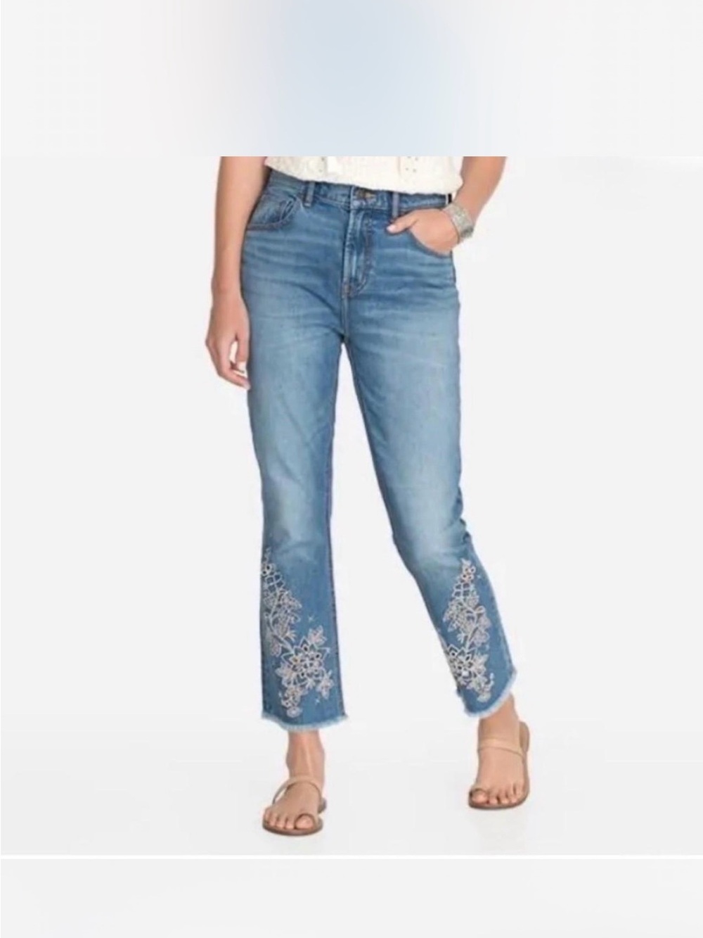 Johnny Was Blue Cropped Jeans with White Floral Embroidery